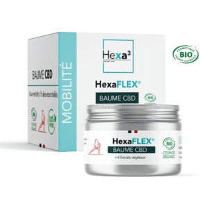 Baume musculaire HexaFLEX® de Hexa3 – packaging visible sur fond neutre, CBD et huiles essentielles bio