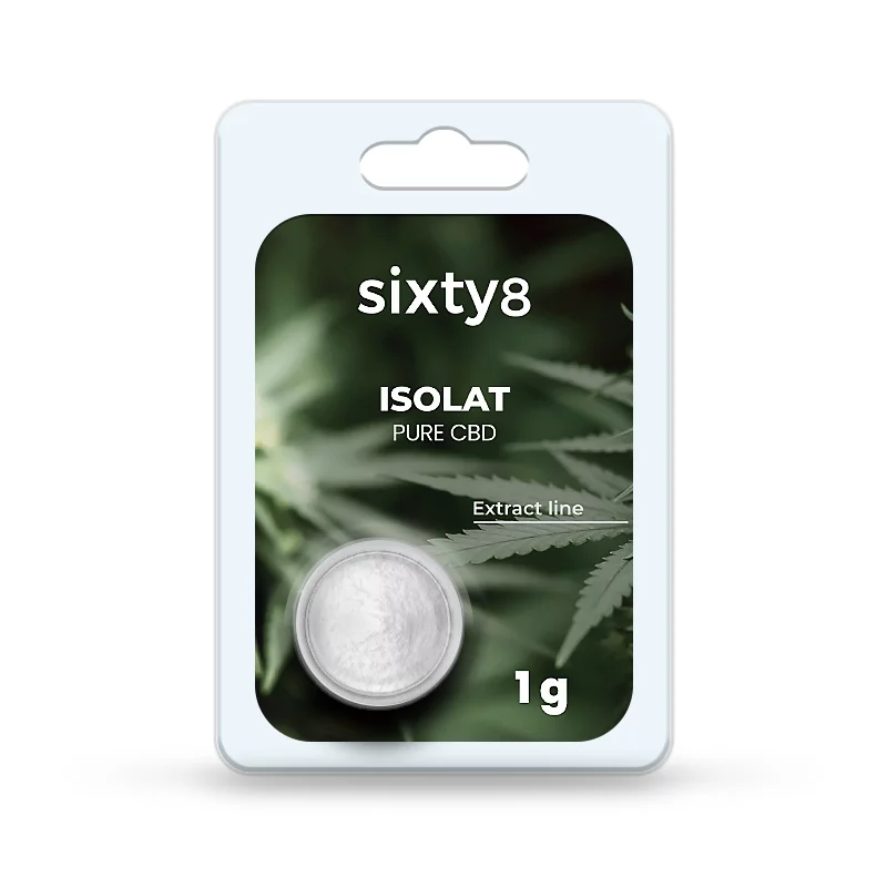 Photo de l’isolat de CBD pur à 99 %, en pot, sur fond neutre.