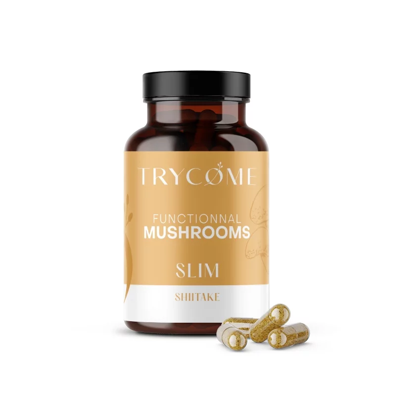 Pot de Mushrooms SLIM – complément alimentaire naturel à base de champignons adaptogènes et plantes, sur fond neutre.